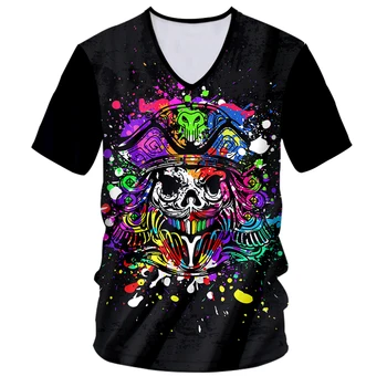 IFPD EU/US Veľkosť Mužov V-neck Tričká Letné Farebné Lebka Pirát Kapitán T-shirt 3D Print Plus Veľkosť Bežné Vtipné Tričká