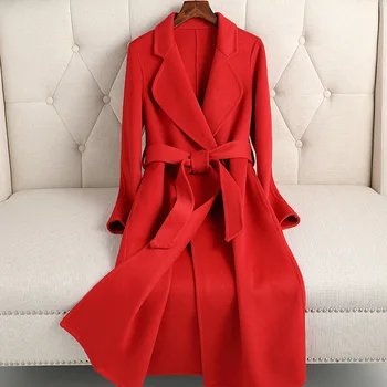 2020 Módne Cashmere Kabát Ženy Jeseň Zimná Bunda Doule Stranný Vlnené Kabáty Zase Dole Golier Vlnené Zákopy Srsti S Pásom Červená