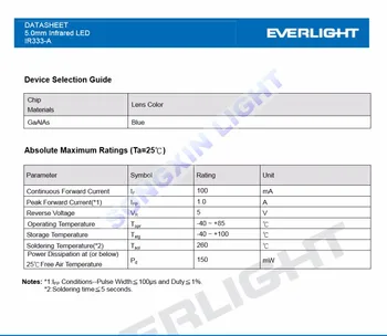 1000pcs EVERLIGHTU IR333-A infračervené emisií trubice hlavné IR333 5MM 940NM Infračervené LED Diódy 5mm LED T-1 3/4