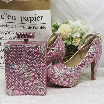 Ženy, svadobné topánky, Svadobné Ružový kryštál strany topánky s príslušnými tašky fashion vysoké podpätky, topánky platformu Žena Kolo Prst Čerpadlá