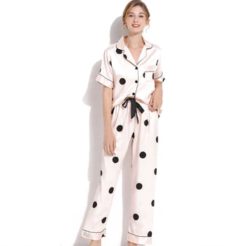 Vytlačené Dot Pyžamo V Krku Krátky Rukáv Elastický Pás Odev Sleepwear Žena Bežné Retro dámske Pyžamo Sady