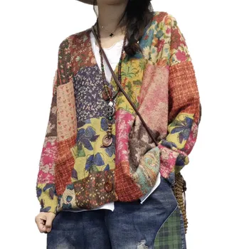 Nové jeseň Ročník Tlače V-krku sveter s dlhým rukávom voľné zrastov cardigan kabát pre ženy