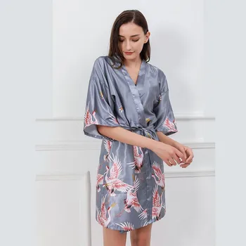 Lady Tlač Kimono Župan Satén Odev Domáce Oblečenie Burgundsko Sleepwear Intímne Bielizeň Bežné Župan Šaty Sexy Nightgown