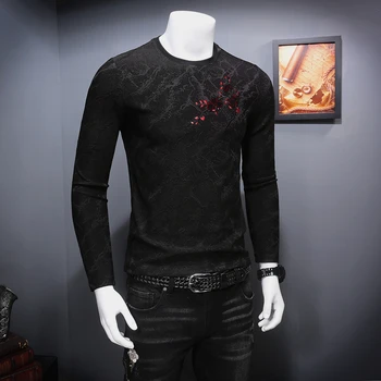 Vyšívané flitrami slivka vzor high-end luxusný dlhý rukáv t shrit Jeseň Roku 2018 Nové kvalitné mäkké pohodlné tričko muži M-4XL