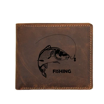 Vyrytý Obraz Ryby Mužov Peňaženky malé Peňaženky Cowhide Kožené Multi Držiteľov Karty Názov Mužov mince vrecku Peňaženky