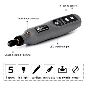 Mini Akumulátorový Vŕtací Nabíjateľná 3,7 V USB Tesárstvo Bezdrôtový Rytie Pero w/ LED Micro Rotačný Nástroj Dremel Mini Rytec Mlyn