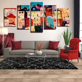 Moderné Umenie Tlač Plagátu Abstraktné Farebné Budovy Plátno na Maľovanie nástenná maľba 5 ks/Súbor Nepremokavé Atrament Mestskej obývačke Domova