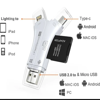 4 V 1 Čítačka Kariet, USB Typ-C Micro USB Osvetlenie High-speed Univerzálnu Čítačku pre Apple Android Počítač Rozšírenie Hlavičky
