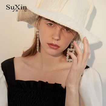 SuXin náušnice 2020 nové jednoduché štvorcové náušnice pre ženy dlhé umelé crystal prívesok náušnice šperky darček