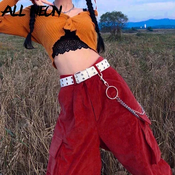 ALLNeon Harajuku 90. rokov Módne Menčester Cargo Nohavice s Reťazca Y2K Estetika Vysoký Pás Neforemné Červené Nohavice E-dievča Streetwear