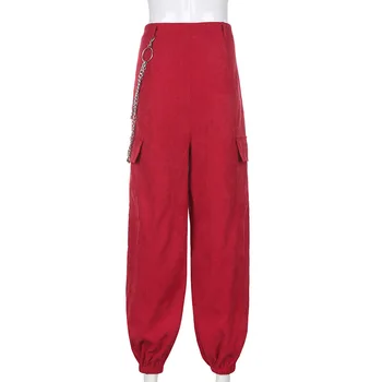 ALLNeon Harajuku 90. rokov Módne Menčester Cargo Nohavice s Reťazca Y2K Estetika Vysoký Pás Neforemné Červené Nohavice E-dievča Streetwear