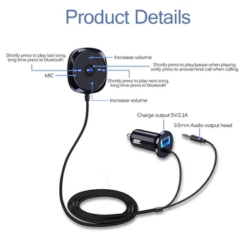 Handsfree AUX 3,5 mm Bluetooth Prijímač do Auta Stereofónny Zvuk Hudby S Autom Telefón, Nabíjačka, USB Nabíjací Pre Siri Diaľkové Ovládanie