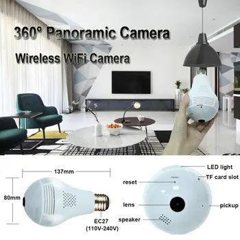 IP Kamera 360-Stupňový LED Svetlo Wireless Home Security Bezpečnosť WiFi CCTV Fisheye Žiarovky Lampy fotoaparát, wifi môžete použiť ako baby monitor