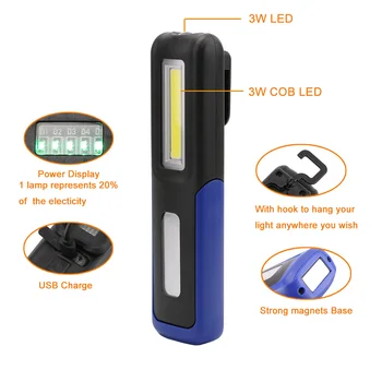 Kontrola Lampa Baterka COB LED USB Nabíjateľné Skladací Magnetický Hák Stan Camping Horák, Pracovné Osvetlenie, vstavaná Batéria