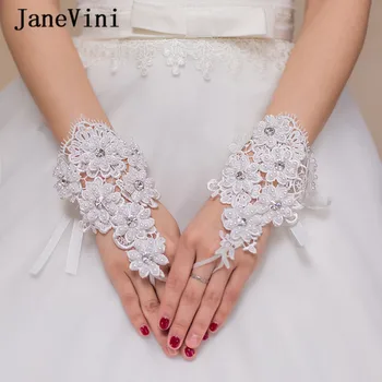 JaneVini 2019 Elegantné Biele Krátke Svadobné Rukavice pre Nevestu Korálkové Perly Bezprstové Zápästie Dĺžka Čipky Svadobné Svadobné Doplnky