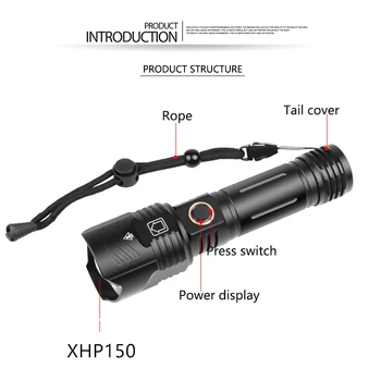 5000MAH XHP160 XHP150 Výkonné LED Baterka USB Nabíjanie Zoom Baterka IPX-6 Nepremokavé Taktické Flash Svetla 26650/18650