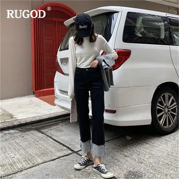 RUGOD kórejskej ženy džínsy Jar nové 2020 office dámy denim džínsy bežné rovno voľné nohavice módne roll elegantný dizajn nohavice