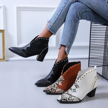 Women Rivet Boots Female Autumn Winter PU Leather Cowboy Ankle Boots Pointed Toe Wedge Heel Woman Booties Snake Shoes