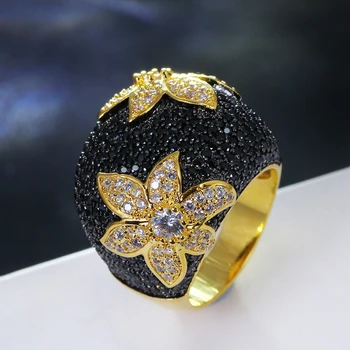 Veľký Čierny kvet prst prsteň Šperk CZ kryštálmi Kamene Zlatá farba Veľké prstene pre ženy, módne šperky, luxusné príslušenstvo