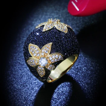 Veľký Čierny kvet prst prsteň Šperk CZ kryštálmi Kamene Zlatá farba Veľké prstene pre ženy, módne šperky, luxusné príslušenstvo