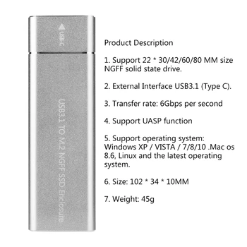 Hliníková USB 3.1 Typu C do polohy M. 2 NGFF SSD Prípade Notebook PC 6Gbps Externý Pevný Disk, Disk Mobile Vonkajšieho Krytu Prípade