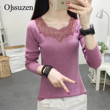 Sexy Lace White Sweater Womens Pullovers Diamond Spring Autumn Clothes Woman's Sweaters Blue Tops Female Knitting Jumper Purple