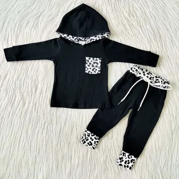 Veľkoobchod Deti Boutique Sady Bavlna Black Leopard Dlhý Rukáv Košele Nohavice Nohavice Detské Dievča Oblečenie S Kapucňou Na Voľný Čas, Oblečenie