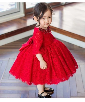 Korálky Červená Tylu Novorodenca Dievča Kvet Čipky Krst Šaty na 1 Rok Prvé Narodeniny Princezná Krst Šaty Vybavy