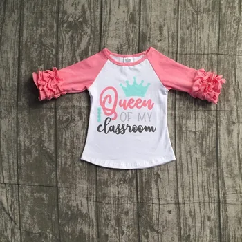 2018 nový príchod dievčatká kráľovná moja trieda boutique top košele coral t-shirt oblečenie späť do školy bavlna raglans koruna
