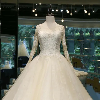 C. V Dlhodobom veľké školenia dlhý rukáv svadobné šaty nové vestidos de novia župan mariage de kvality čipky svadobné šaty W0035