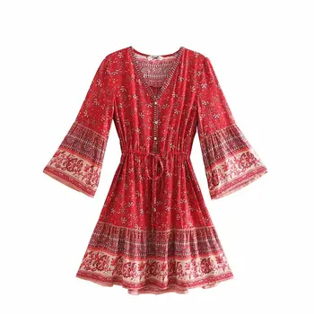 Vintage české mini šaty žien kvetinový tlač bat rukáv pláž dlhá boho šaty dámske v krku župan femme kimonos rakúsko vestido