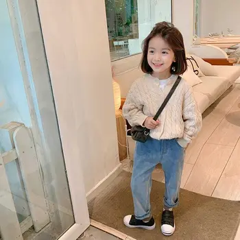 2021 kórejský módne dievča sveter cardigan jeseň oblečenie pre deti teplé sladké roztomilý dievča pletené svetre deti topy