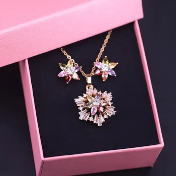 Luxusné Snowflake Námestie Multi Color Zirkón Zlatá Farba Šperky Set Pre Ženy, Náušnice, Náhrdelník Nastaviť V Obchode