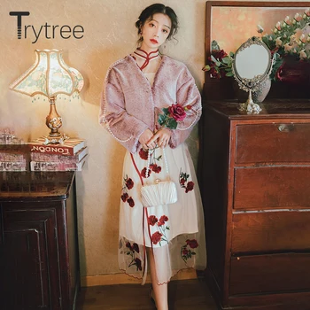 Trytree 2020 Jar Dva dielna sada Bežné Pevné Dlhá Vesta + Oka Šaty Cheongsam Rose Výšivky Split Lem Set 2 Dielna Sada