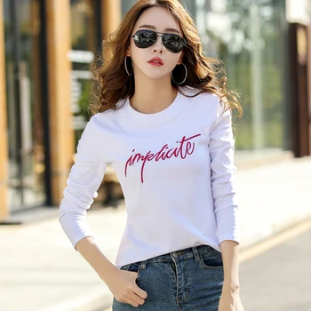 Nové Tričko Ženy List, Výšivky 2020 Jar T Shirt Ženy Dlhý Rukáv Žena Oblečenie Kórejský Topy Bavlna Bežné T-Shirt Femme