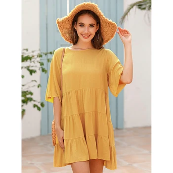 Letné Šaty Žien Bežné Šaty Mini Šaty Voľné Krátke Rukávy Žlté Šaty Dámske Sundress