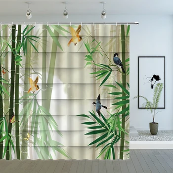 Zelený Bambus Sprchové Závesy Jar Rastlín Scenérie Vták Motýľ Zelenej Listovej Geometrický Vzor Kúpeľňa Decor Látky Opony Nastaviť