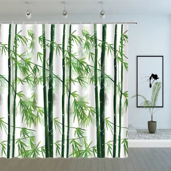 Zelený Bambus Sprchové Závesy Jar Rastlín Scenérie Vták Motýľ Zelenej Listovej Geometrický Vzor Kúpeľňa Decor Látky Opony Nastaviť