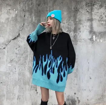 Kórejský voľné pletené plameň mužov a žien hip hop streetwear o-krku pulóver sveter