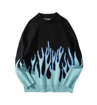 Kórejský voľné pletené plameň mužov a žien hip hop streetwear o-krku pulóver sveter