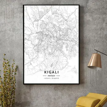 Čierna a Biela Kigali Rwande Zemepis. Dĺžka / šírka Plátno Umenia, Mapu, Plagát