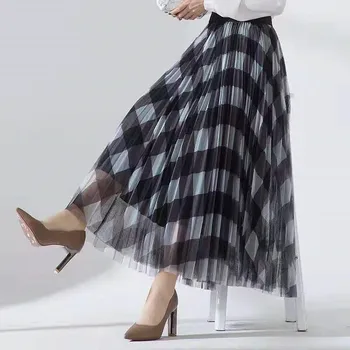 Anglicko Koberčeky Tylu Sukne Ženy Móda Kórejský Školy Kontrolovať Vysoký Pás Skladaný Maxi Sukne 2020 Lete Ženského Oka Streetwear
